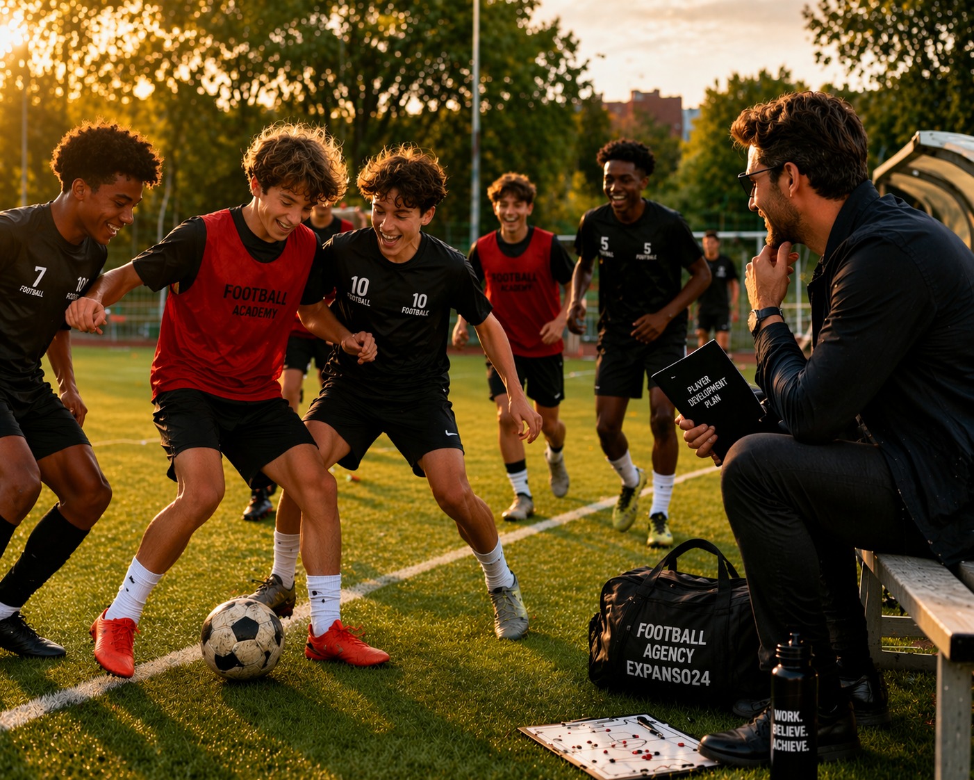 Spieler beim Training, beobachtet von Expanso24-Scouts